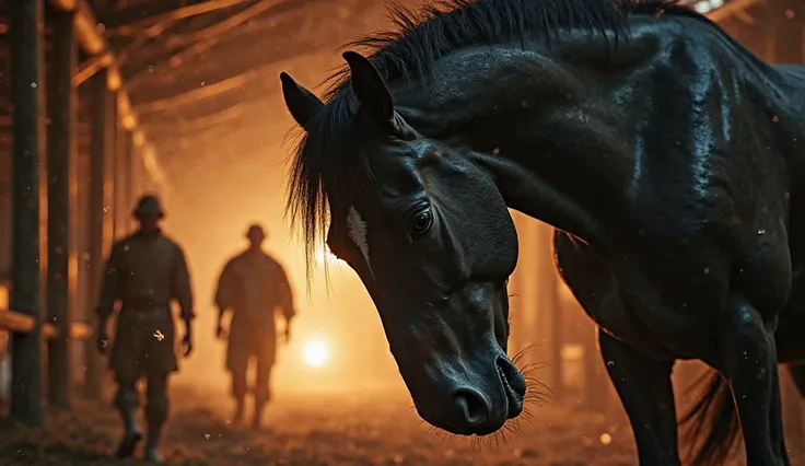 ultra-realistic, hyper-detailed, a powerful yet distressed horse, Laut, trembling violently inside a dimly lit wooden stable, its dark coat slick with thick, foamy sweat that glistens under the flickering lantern light. Every muscle in its massive body spa...