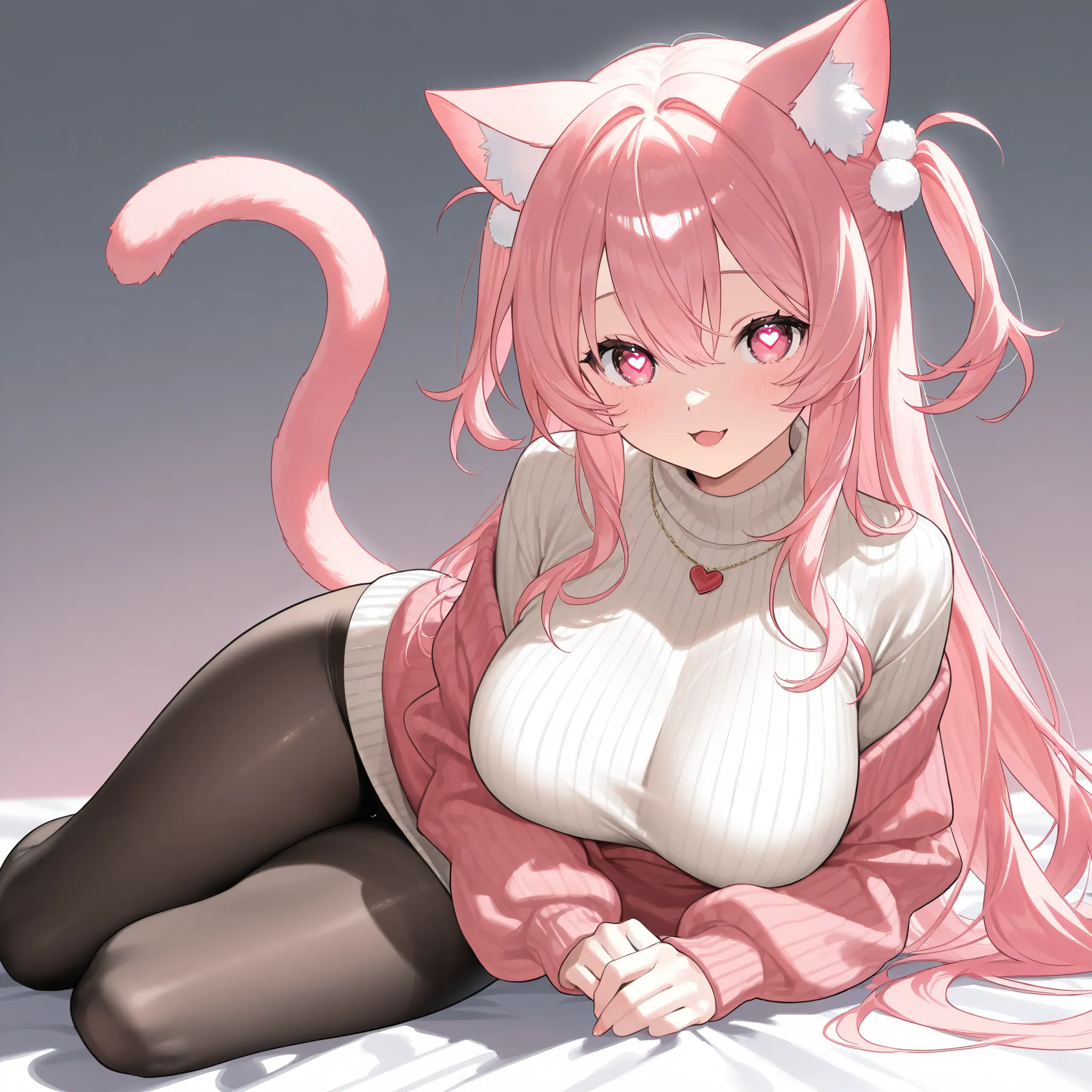 、   best thighs、  beautiful skin、High Resolution、  Sweater clothes 、 pink hair、salmon pink eyes、  black tights、cat tail、Beautiful breasts、E Cup、 Valentine、 Heart Eyes 、 illustrations