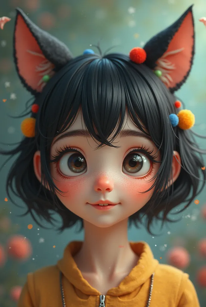 black hair, hair bobbles, wince, longeyelashes, solid circle eyes, fake animal ears, light smile, ear blush, fang, ccurate, Surrealism, drop shadow, anaglyph, stereogram, tachi-e, pov, atmospheric perspective, 8k, super detail, best quality