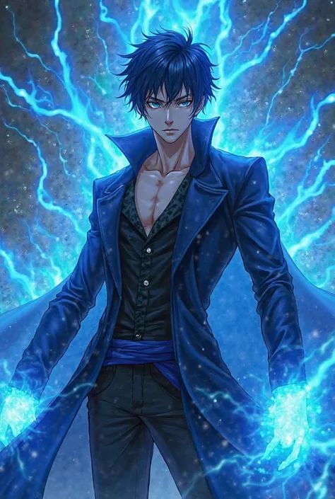  Create a male anime character , dark blue hair,  dark blue eyes ,  fair skin, black and blue clothes, Blue electric powers, estilo one piece