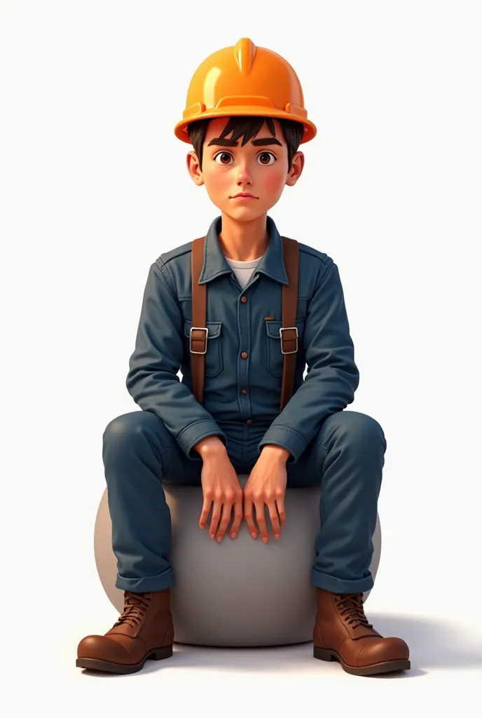 “Semi-realistic digital drawing in animation style, with clear lines and soft shadows. A factory worker sits on a round chair, dressed in a dark blue work suit and an orange hard hat. He has a serious expression on his face, his arms are at his sides, one ...