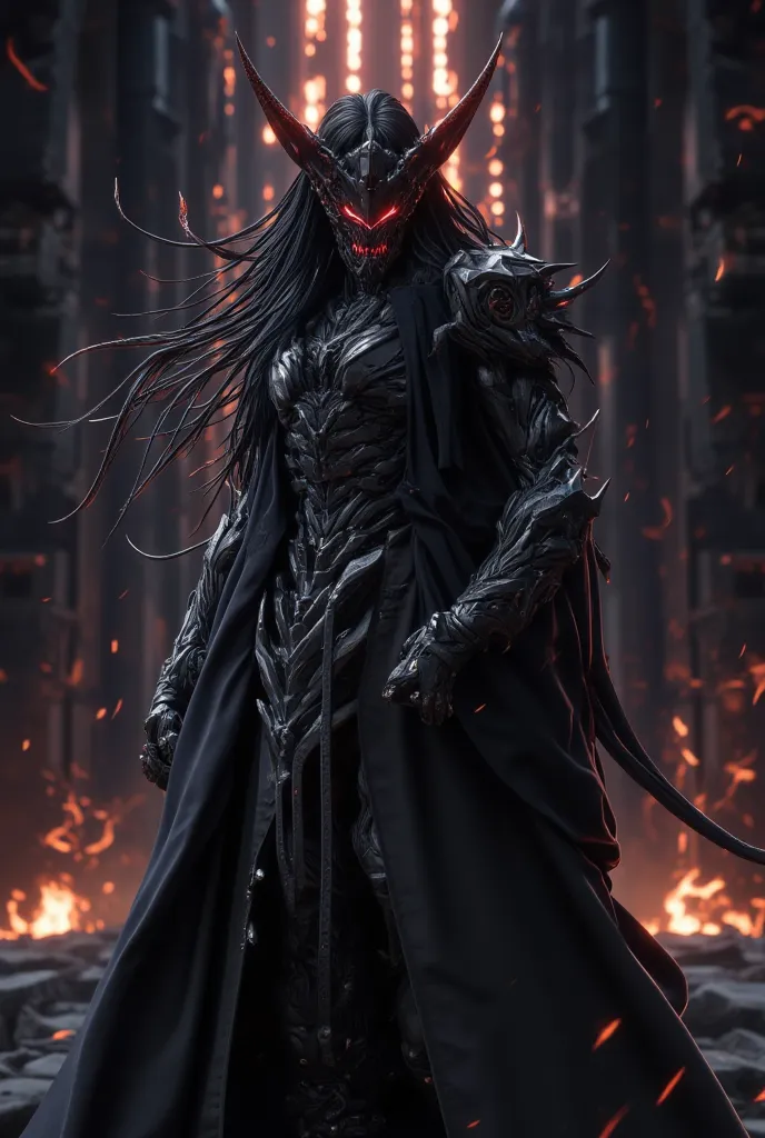 4K anime style quality, digital drawing mode, a ruthless demon enforcer with long black hair and fierce red eyes, wearing dark gothic robe, standing near a massive burning gate leading into the abyss, full body, deadly and commanding stance, cinematic ligh...