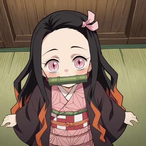 score_9, score_8_up, score_7_up, source_anime,
nezukokamado, nezuko kamado, black hair, forehead, hair ribbon, long hair, multicolored hair, pink eyes, orange hair, slit pupils, wavy hair, two-tone hair, chibinezuko, chibi, multicolored hair, (oversized cl...