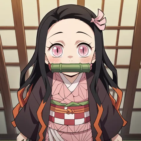 score_9, score_8_up, score_7_up, source_anime,
nezukokamado, nezuko kamado, black hair, forehead, hair ribbon, long hair, multicolored hair, pink eyes, orange hair, slit pupils, wavy hair, two-tone hair, chibinezuko, chibi, multicolored hair, (oversized cl...