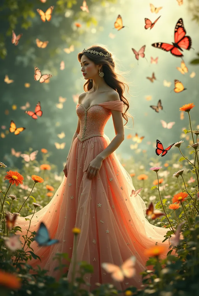 Create an image of a princess in the midst of butterflies s 