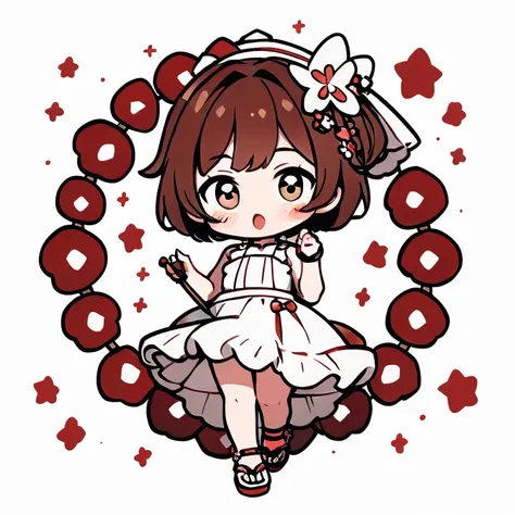 (Highest quality) , ((very well detailed)) , 4K , (8k) ,  masterpiece, Highest quality, super resolution,cute  、Brown bob hair、brown eyes、((Cherry pattern、white dresses、sleeveless)) sandals on the skin、What I have on hand is a candy apple、The background is...