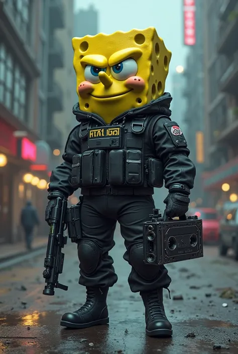 Vigilant SpongeBob with black uniform and cassette and gun 