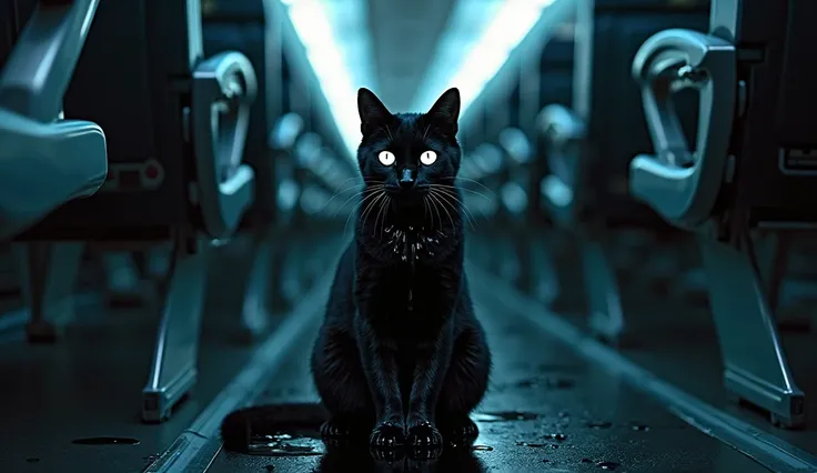 "A mysterious cat sitting in the middle of an airplane aisle, its body covered in glossy black liquid that drips like ink. The cat’s fur is partially visible under the dark, reflective substance, and its eyes glow eerily white, giving an unsettling yet cap...