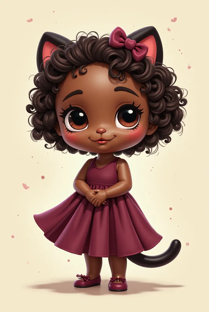 Hello Kitty animation with dark brown skin with curlers, brown hair and burgundy dress