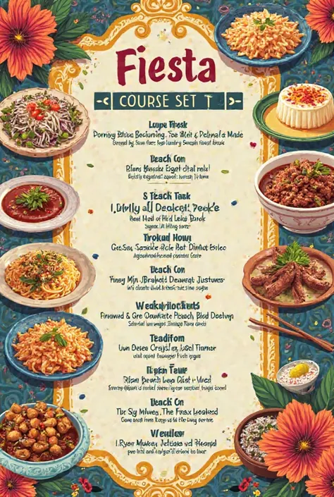 Create a 7 sheets food restaurant set menu with different design lay out with desings of graphic delicious foods of fiesta such as pancit bihon, leche flan, lechon baboy, dinuguan, fruits salads.