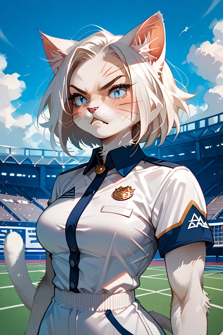 1girl, 8k, anime style, tall, slender figure, furry, (cat girl:1.1), (cat ears:1.2), (cat tail:1.2), (medium breasts:1.2), (white hair:1.2), (blue eyes:1.2), (athlete uniform:1.2), (sports arena background:1.1), (tsundere:1.3),