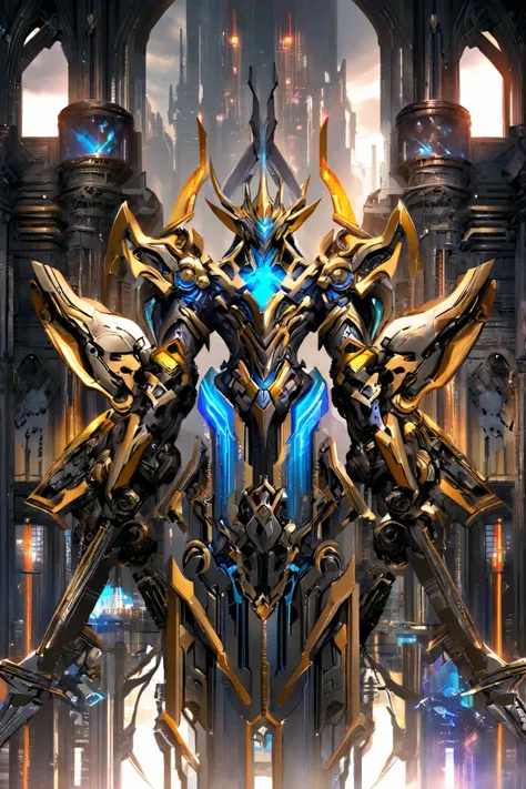 "Epic throne room scene, Emperor in ornate golden armor seated on biomechanical throne, massive EVA Unit-01 inspired mecha with Warframe exoskeleton elements emerging from quantum storm backdrop, intricate cybernetic details by Masamune Shirow, neon-lit ho...