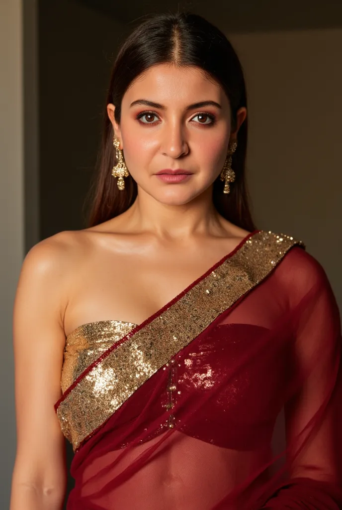 Generate a close up front image of a woman in a maroon fully transparent sleeveless saree. The blouse is golden colour with mirror sequins. It has no sleeves and has a golden satin finish. The woman is giving a sexy, seductive and bold.