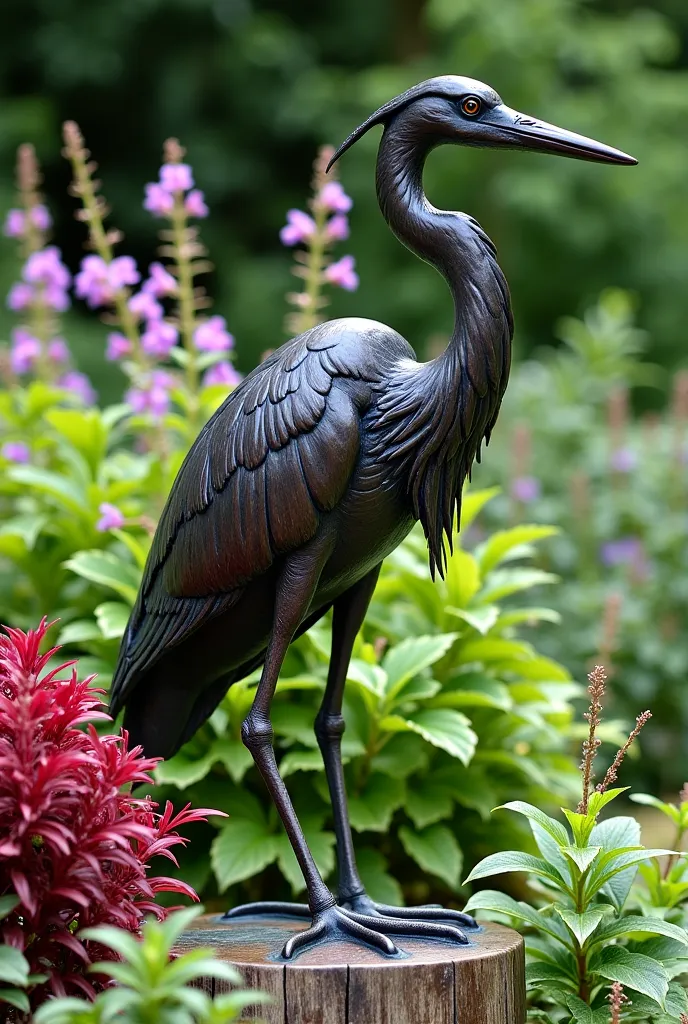 Dark-bronze heron sculpture, detailed garden setting.  Detailed bronze sculpture of a heron, positioned in a lush garden.  Bird's posture is alert and facing to the right.  Intricate carving details of feathers and beak evident.  Sculpture's base appears l...