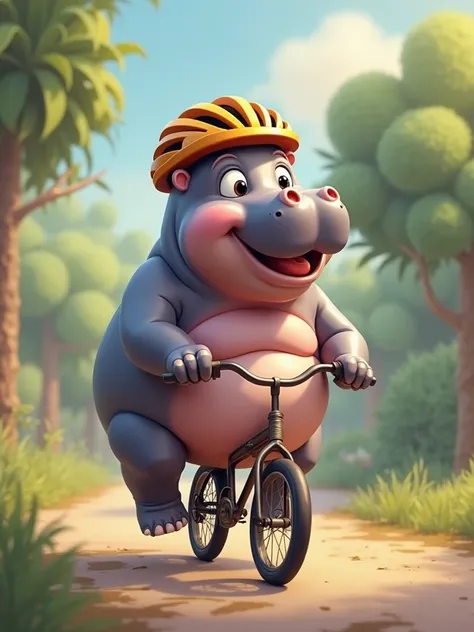  cartoon, Fun and very funny hippopotamus with a bicycle helmet! Ride a small bike.  a close up of a . The background is blurry when moving. Disney Pixar cartoons. a lot of detail .