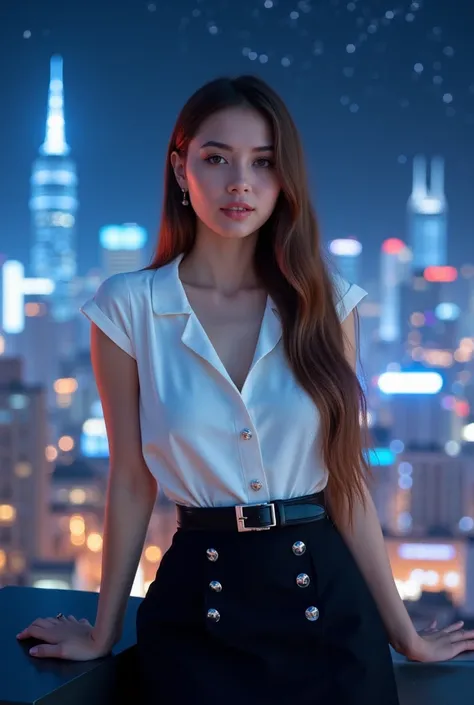 A beautiful young woman with long, straight brown hair, wearing a short-sleeved white blouse with shiny silver buttons and a black high-waisted skirt. She has a black belt and elegant accessories, leaning on a sleek black surface. The background showcases ...