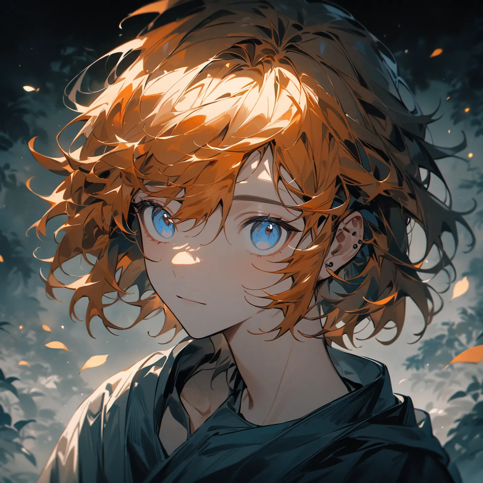 one boy, anime style, (masterpiece, best quality: 1.4, most detailed), Blue and orange mix hair，blue eyes，