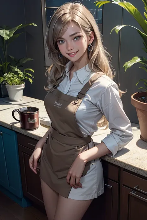 (from above:1.1),((1girl, silverblonde hair, long hair, qutel blue eyes, beautiful eyes, pretty smile:1.5, ), coloring watercolor digital pencil ,Cherry blossoms falling,an animated painting of a woman in an apron standing at a coffee maker, 1girl, brown h...