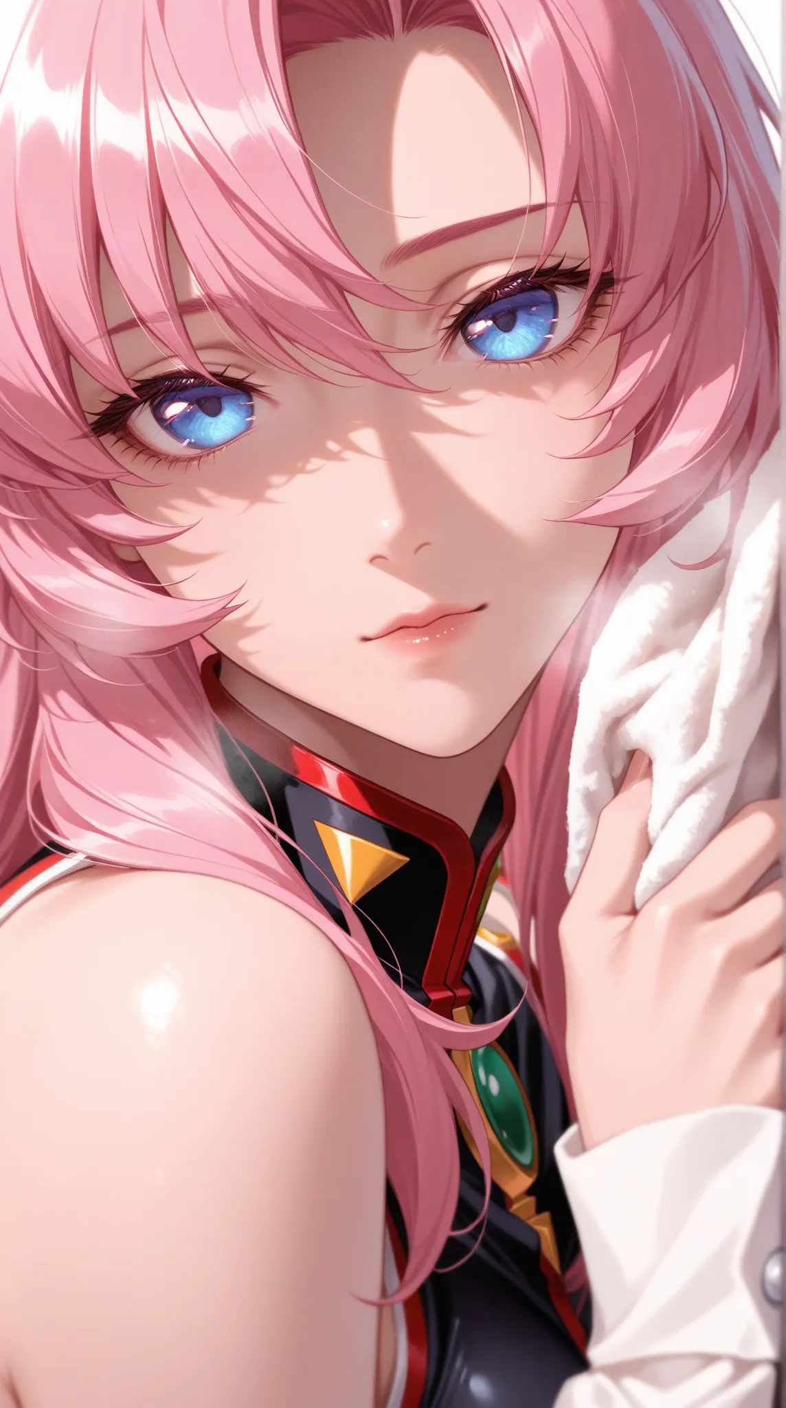 masterpiece, best quality, vibrant, very aesthetic, high contrast, semirealistic, newest,,a very beautiful woman, One person,,Utena the Tenjou,Shoujo Kakumei Utena,, beautiful face,, face close-up, steam,  simple background, black clothes,Wrinkles on cloth...