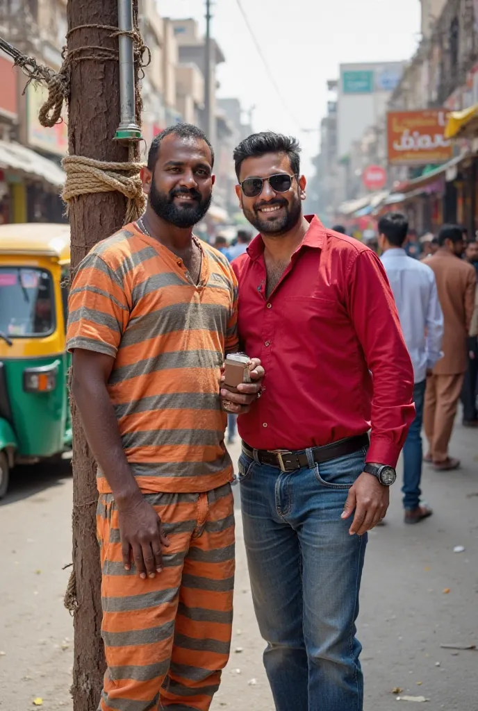 A vibrant street scene showing a man tied up with ropes to a utility pole, wearing a striped prison uniform. Another man stands next to him, smiling and taking a selfie. The man taking the selfie is dressed in a red shirt, with sunglasses. The background s...