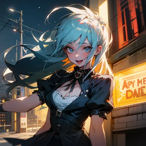 (best quality,cute girl), [Upper body, Happy, Despair], (dress, Punk fashion), Vampire, Horror, Gotham City, Street light, Viaduct, Night, Light Trails, Eccentric, [American comics]