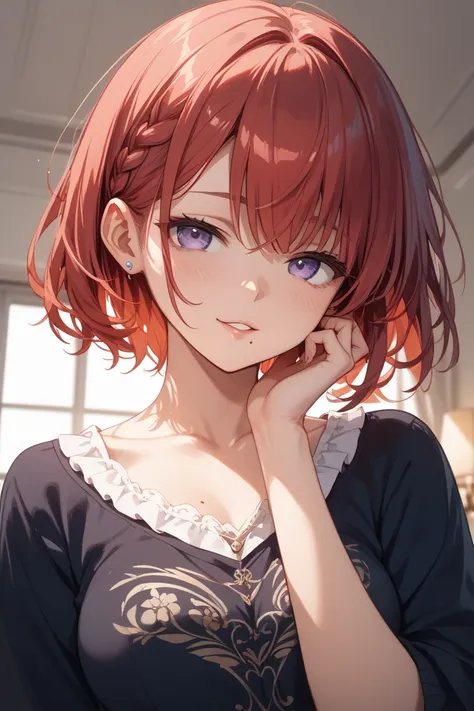  red hair 、my bangs are straight、side hair is about collarbone、Fluffy bob with back hair about below the chin、Droopy eyes、Light purple、 kind atmosphere、 mole on mouth、My chest is K cup、Five fingers on a hand、Please generate this girl in anime style