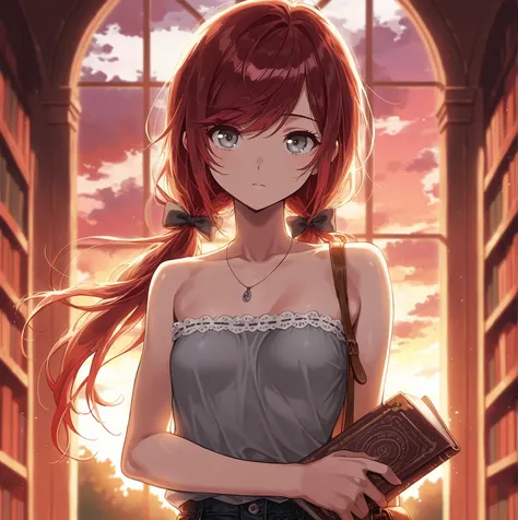  Masterpiece, best quality, amazing quality, solo, thin, stoic, gray eyes, swept bangs, dark red hair, low twin tails, hair ribbons, gray strapless top, sleeveless top with white frill trim, black jeans, long swept bangs, toned arms, small breasts, sunset,...