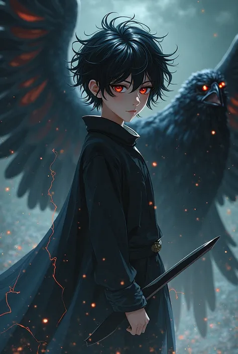 A anime boy who have a red eyes and black silky hair ..He having a black power . Having a sword in his hand . A black bird with having a yellow eyes is beside him 