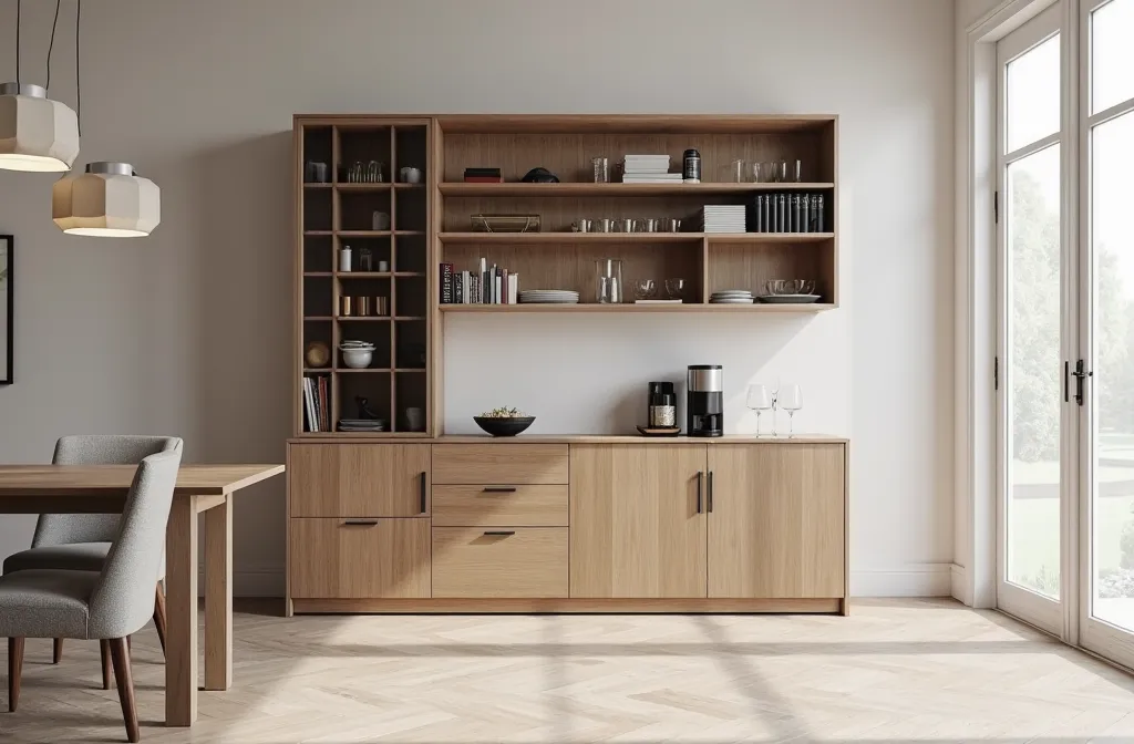 Create a dining room cabinet, with 1, 35 meters wide and 2 , 45 meters tall . 2/3 low cabinet and 1/3 high cabinet. minimalist Scandinavian style. with cellar, minibar and coffee.  glass cabinet 