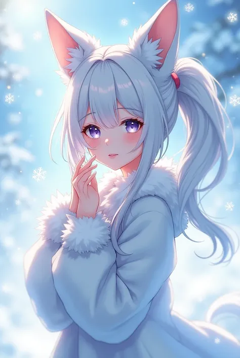 snow girl side ponytail, Fox Ears,  long hair, anime,  toro face, 