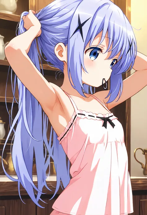 adjusting hair,push one’s hair back, nape of neck, hold hair clip in mouth ,Just turn your eyes, armpit ,1girl,(loli), camisole,kafuu chino, (petite),very cute ,small breasts,Original style, Very high quality, soft to the touch, beautiful,super detailed sk...