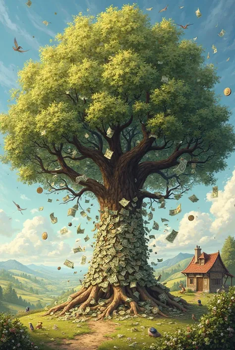 A tree having money as fruits heavily hanging on the branches