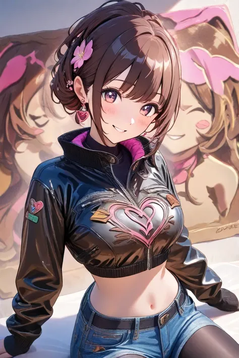  exercise sitting　Drunk 　 long brown hair　  pink flower hair ornament  　 medium breasts　pink heart sign　 　 embarrassing　  denim hotpants　 black tights　 Black Down Jacket　 blushes, smiles, clay rendering , 