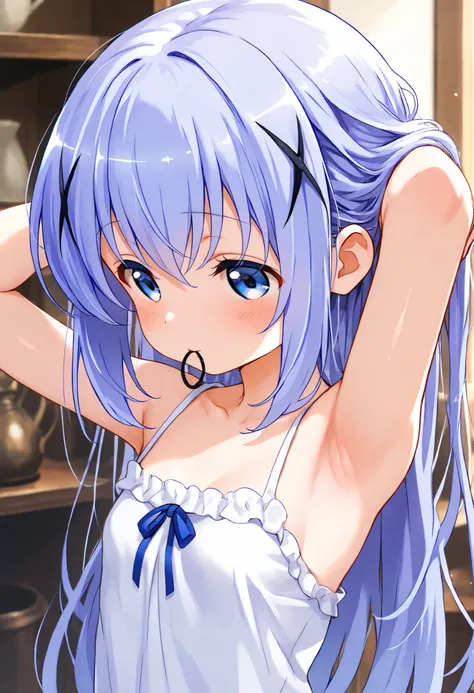 adjusting hair,push one’s hair back, nape of neck, hold hair clip in mouth ,Just turn your eyes, armpit ,1girl,(loli), camisole,kafuu chino, (petite),very cute ,small breasts,Original style, Very high quality, soft to the touch, beautiful,super detailed sk...