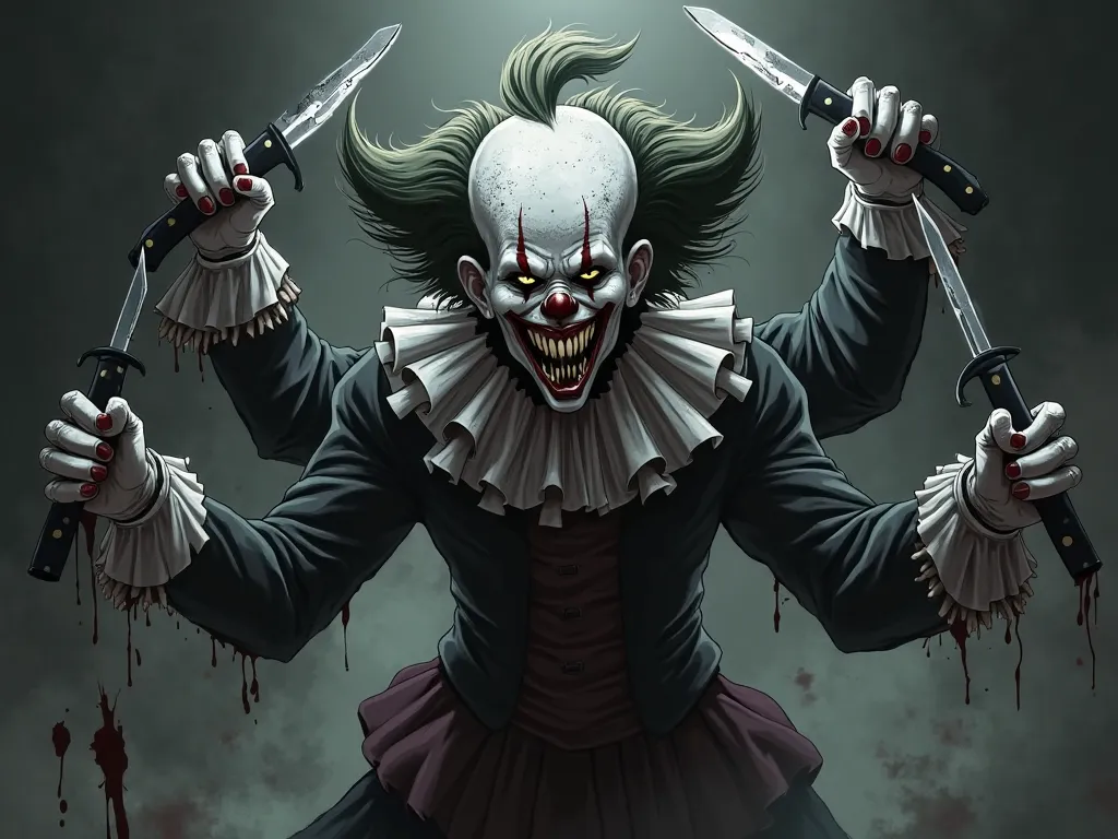 An anime-style clown boy, horror style, with huge teeth and a ghoulish smile, in clown clothes, colors black and white, with bloodmarks , 6 arms holding knives