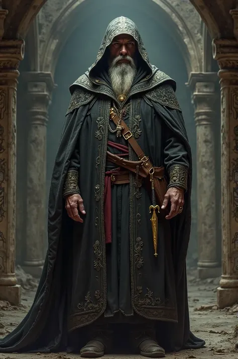 A man who is imbued with tall and broad-shouldered men wearing Sophia robes, wearing a leather bag and wearing his golden dagger, still in his sleeve 