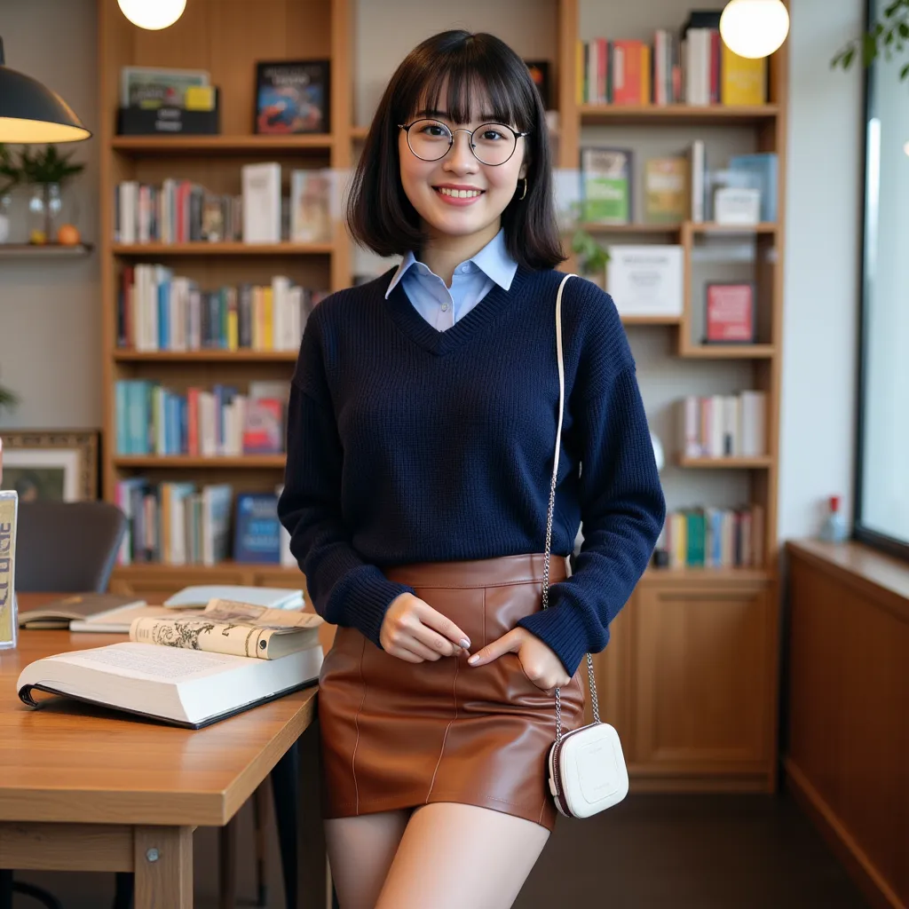 Japanese female model, wearing navy blue knit over light blue collared shirt, leathery brown mini skirt, whippy thighs visible, standing in book cafe, medium short black hair, wearing round glasses, natural makeup, small white handbag on desk, reading larg...