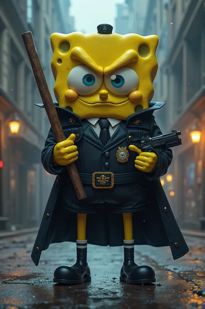 Vigilant SpongeBob with black uniform and gun and baton