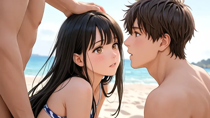 scene where they're dating at sea、a scene showing only 2 boys and 2 girls、The boy and girl are both high school students the same age、The camera shows the entire distance、boy and brown-haired girl、Summer swimsuit、The girl is wearing a bikini 、The boy is we...