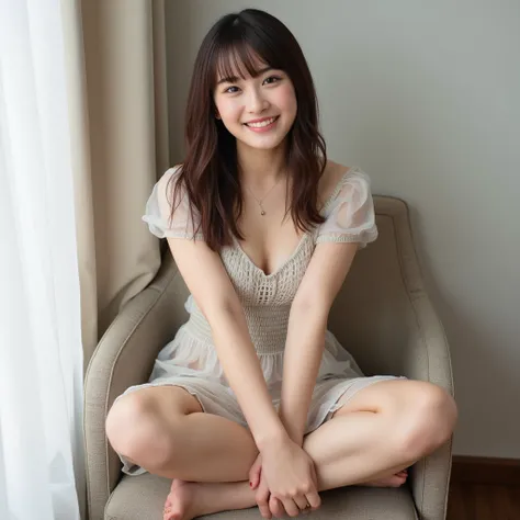 Japanese actress sitting on a chair with her legs spread, whipped and glutinous thighs,smiling,brown long hair,wearing a　v-neck dress,barefeet,bending legs,from the front,from below,big breasts,