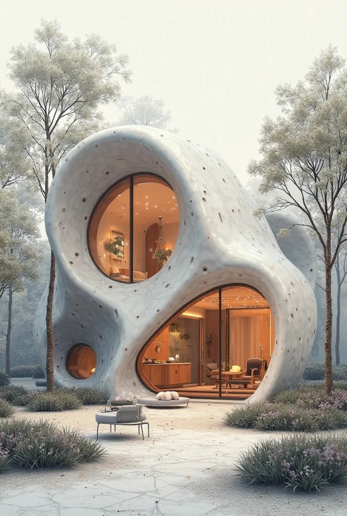 Drawing of a small house of a conventional family of the future. Q integrates with nature, using an abstract structure with organic shapes, with lights and technological accessories, that is functional and ready for any future events 