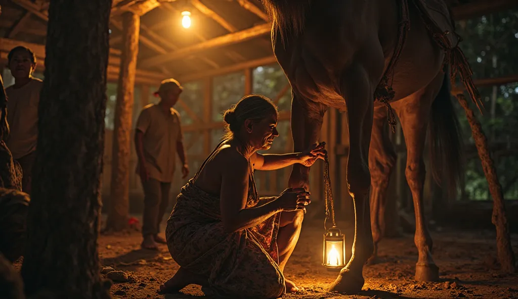 ultra-realistic, hyper-detailed, Bu Sari, a 61-year-old Indonesian midwife, kneeling beside a massive, sweat-drenched horse in the dim glow of a rustic wooden stable, her weathered, calloused hands trembling as she struggles to assist in the impossible bir...