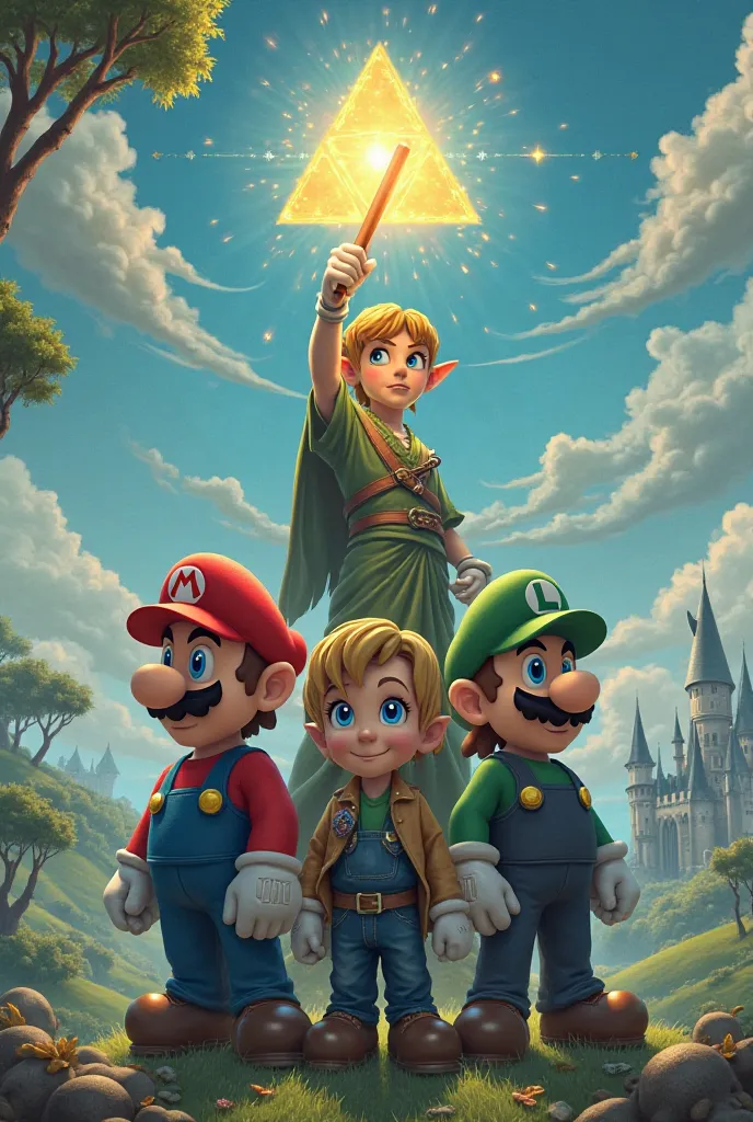 Mario Bros with Zelda, Link and Harry Potter holding the triforce