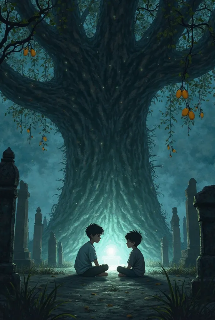 2 boys sit in a graveyard at night with ripe mango ni hotat ghostly light behind them under a banyan tree