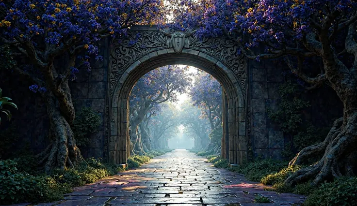 The grand entrance to the mystical Jardín de las Luces in Nocthara, exuding an ethereal and magical atmosphere. The entrance is framed by a towering natural arch made of intertwined privet trees, their dense foliage adorned with radiant purple flowers with...