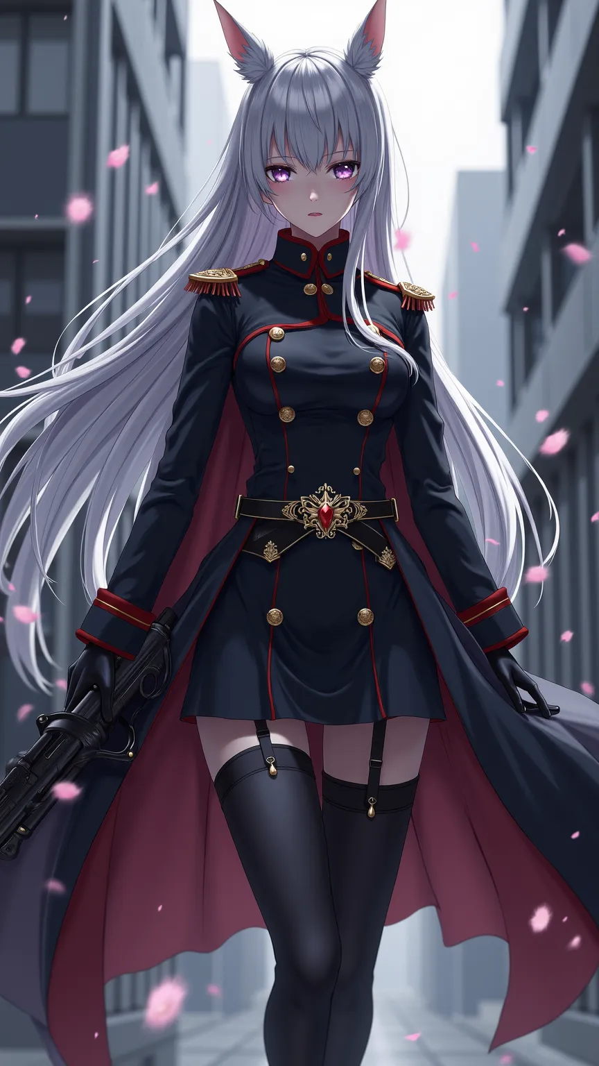 nsfw,The、and features a gorgeous belt。long silver hair swaying in the wind、wearing a black military uniform-style uniform。on the head、The uniform has a red epaulette and gold buttons、and a gorgeous belt。Black up to the thigh Put the stockings together、with...