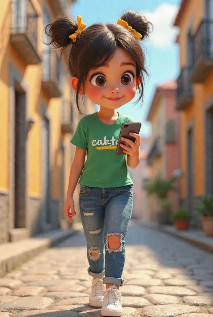 "An adorable  3D DISNEY PIXAR STYLE ,with dark brown hair tied in Maria-Chiquinha with small yellow ribbons, holding an IPHONE WHILE SENDING A MESSAGE. She wears a GREEN T-SHIRT WRITTEN WITH THE WORD CAKTO IN PORTUGUESE and has an expression of happiness a...