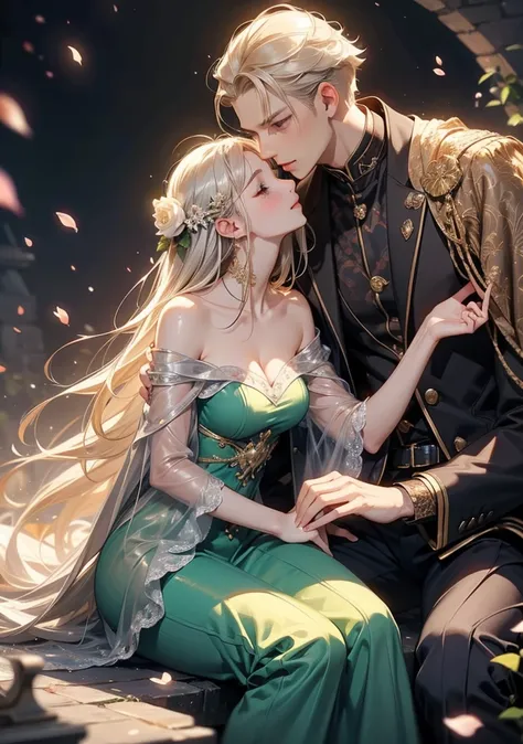 Highest quality。detailed description。Castle garden 。woman sitting on man's lap is kissing man's forehead、((One adult man and one adult woman))。Men have short light blond hair and fresh green eyes、((light blonde with male short hair))、 cool and impressive a...