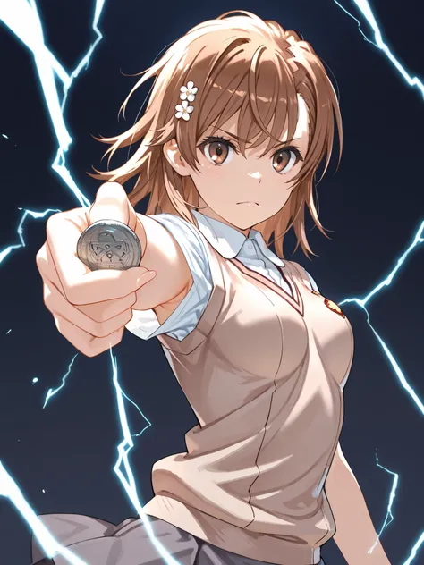 1girl ,aiming ,aiming at viewer ,armpit peek ,breasts ,brown eyes ,brown hair ,brown sweater vest  ,coin ,cowboy shot ,electricity ,electrokinesis ,emblem ,holding ,holding coin ,incoming attack ,medium hair ,outstretched arm ,psychic ,railgun (misaka miko...