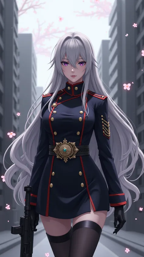 nsfw,The、and features a gorgeous belt。long silver hair swaying in the wind、wearing a black military uniform-style uniform。on the head、The uniform has a red epaulette and gold buttons、and a gorgeous belt。Black up to the thigh Put the stockings together、with...